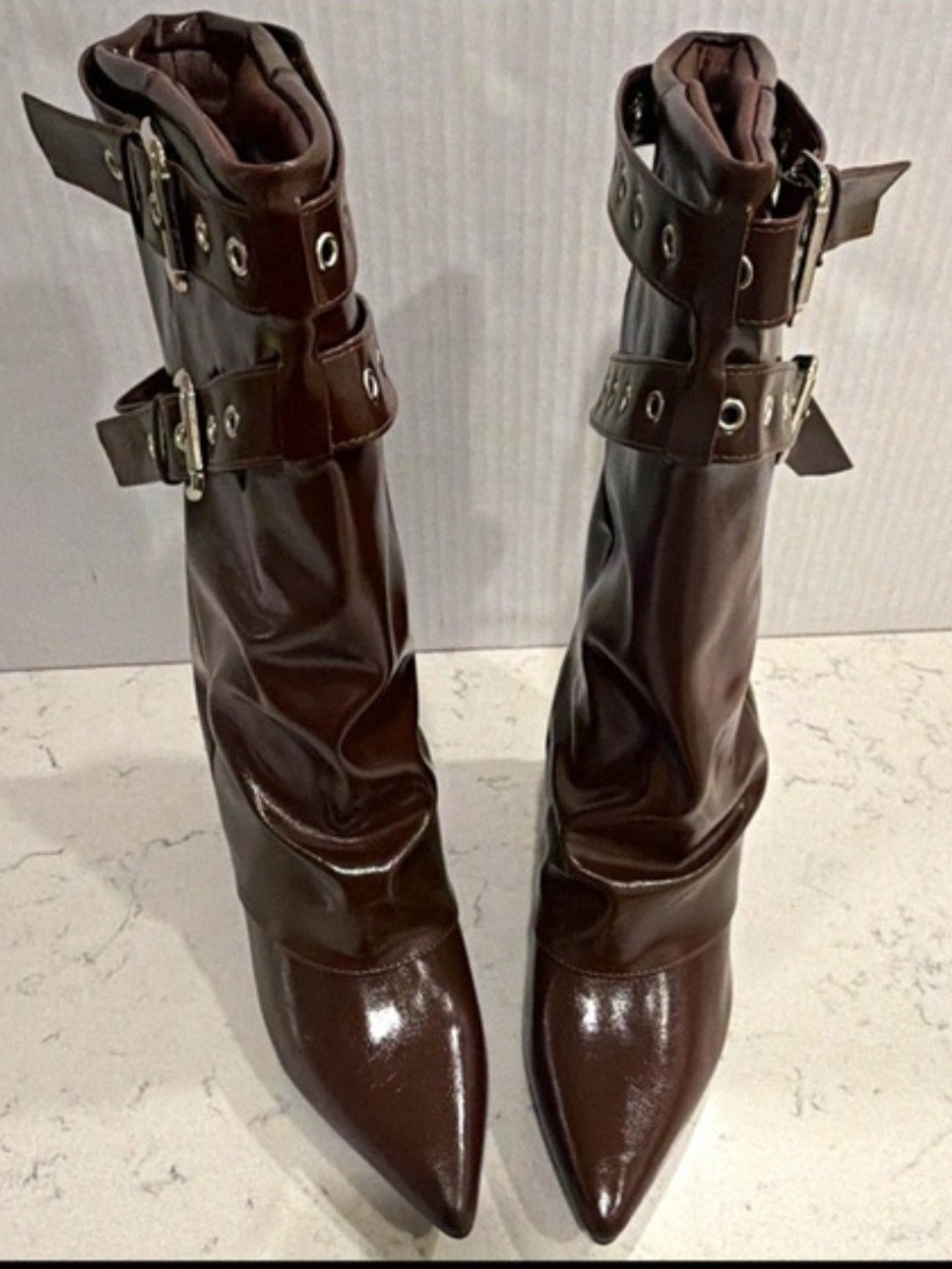 NEWBELLA Red-Brown Faux Leather Mid-Calf Biker Boots Pointed Toe Buckle Straps 8